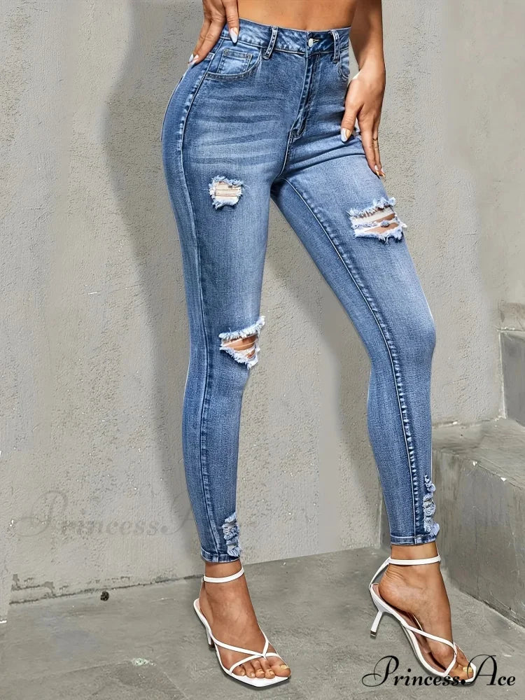 Blue Ripped Holes Skinny Slim Fit High Stretch Distressed Tight Women's Denim & Clothing Jean - Image 3