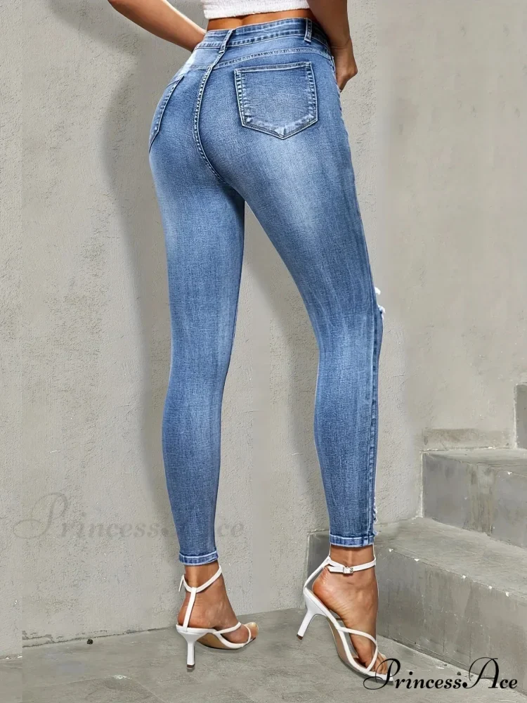Blue Ripped Holes Skinny Slim Fit High Stretch Distressed Tight Women's Denim & Clothing Jean - Image 4