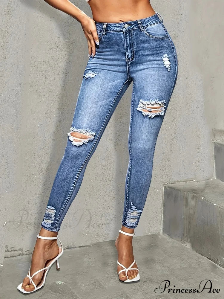 Blue Ripped Holes Skinny Slim Fit High Stretch Distressed Tight Women's Denim & Clothing Jean - Image 5