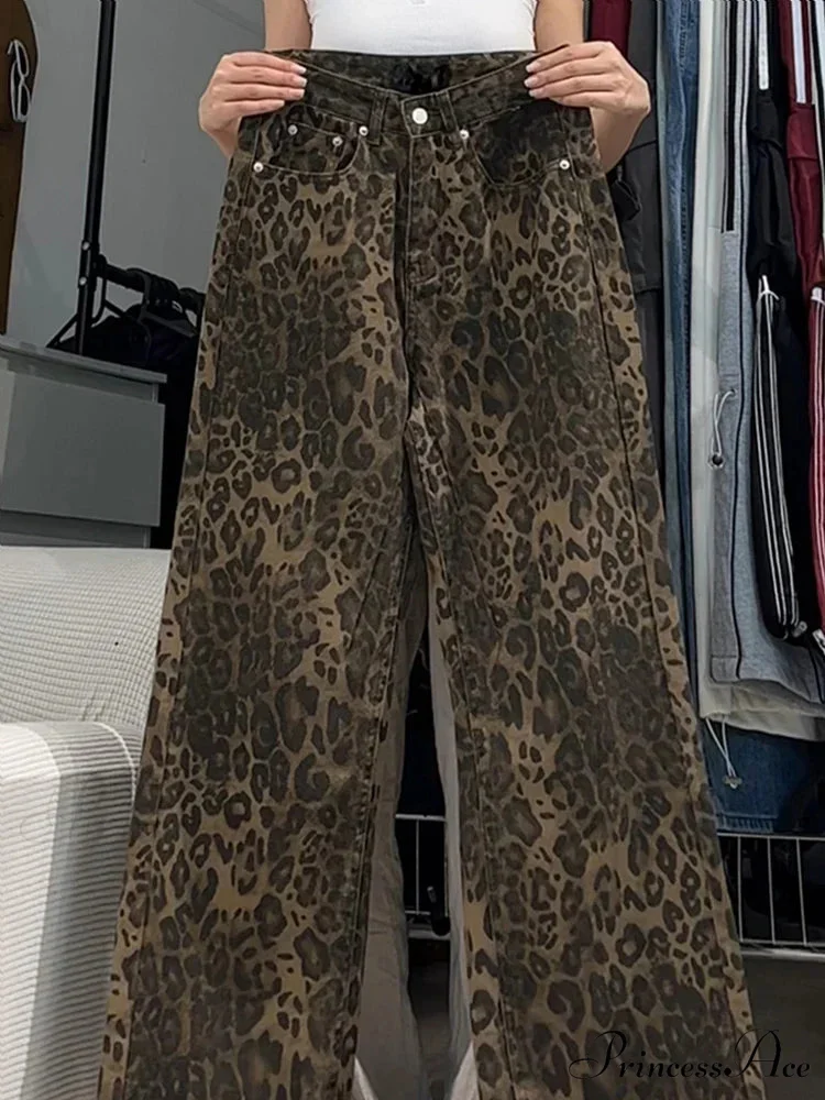 Wide Leg Leopard Print Women High Waisted 2024 Y2k Fashion Streetwear Retro Denim Baggy Casual Straight Jean - Image 2