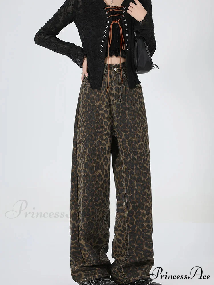2024 New Leopard Print Wide Leg Women High Waisted Fashion Streetwear Retro Y2K Denim Baggy Casual Straight Jean - Image 2