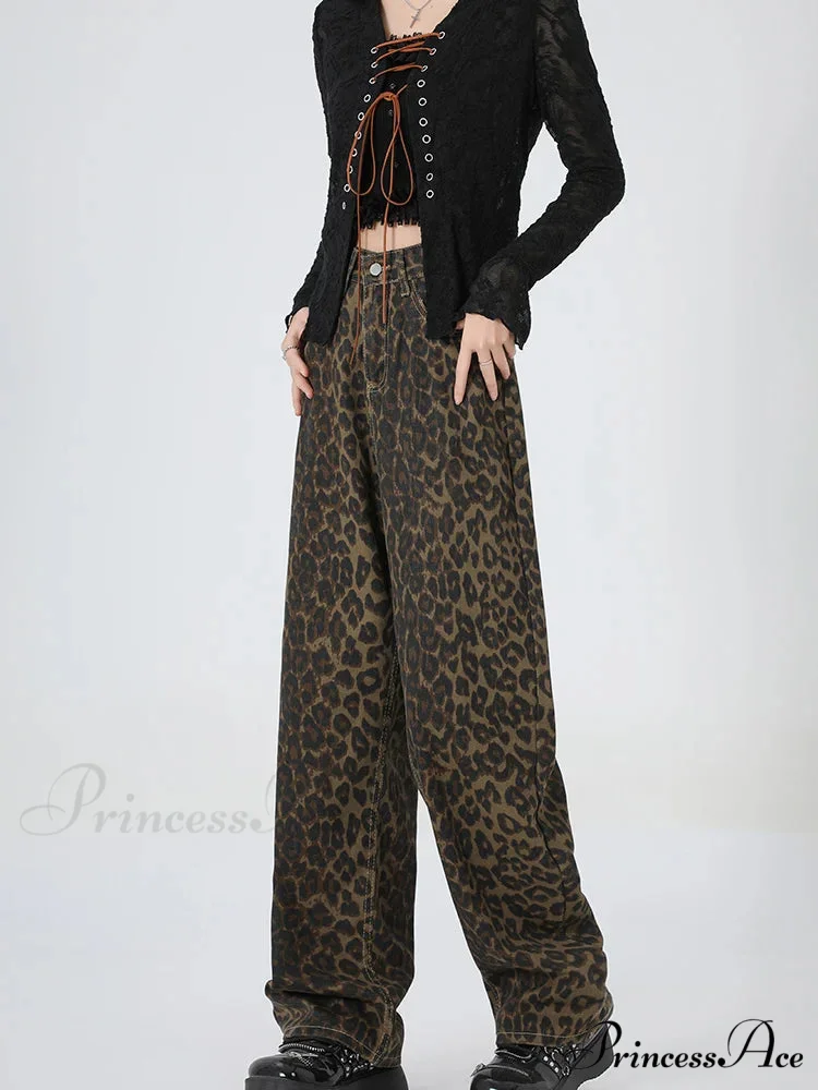 2024 New Leopard Print Wide Leg Women High Waisted Fashion Streetwear Retro Y2K Denim Baggy Casual Straight Jean - Image 3