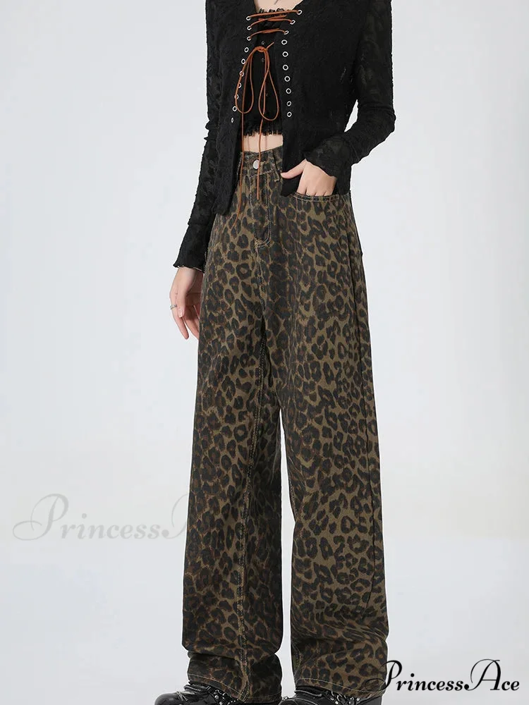 2024 New Leopard Print Wide Leg Women High Waisted Fashion Streetwear Retro Y2K Denim Baggy Casual Straight Jean - Image 4