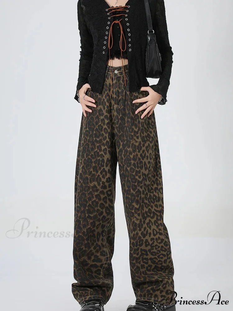 2024 New Leopard Print Wide Leg Women High Waisted Fashion Streetwear Retro Y2K Denim Baggy Casual Straight Jean - Image 5