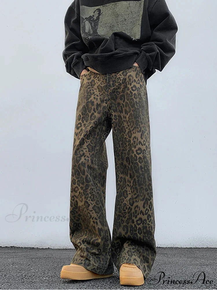 2024 Y2K Leopard Print Wide Leg Women High Waisted Fashion Streetwear Retro Denim Baggy Casual Straight Jean - Image 2