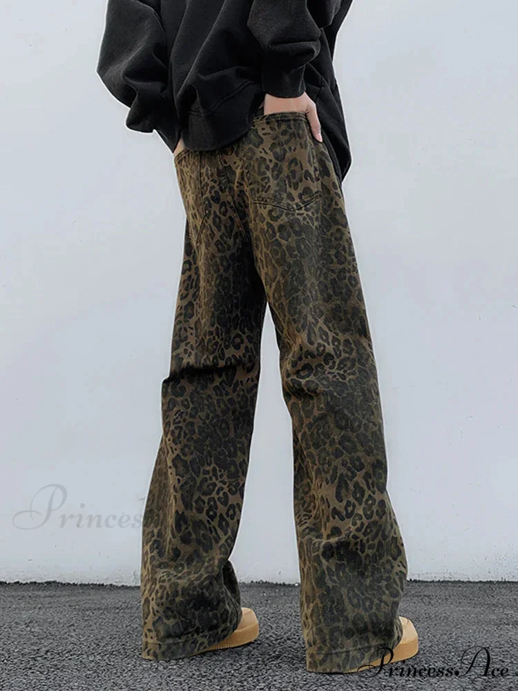 2024 Y2K Leopard Print Wide Leg Women High Waisted Fashion Streetwear Retro Denim Baggy Casual Straight Jean - Image 3