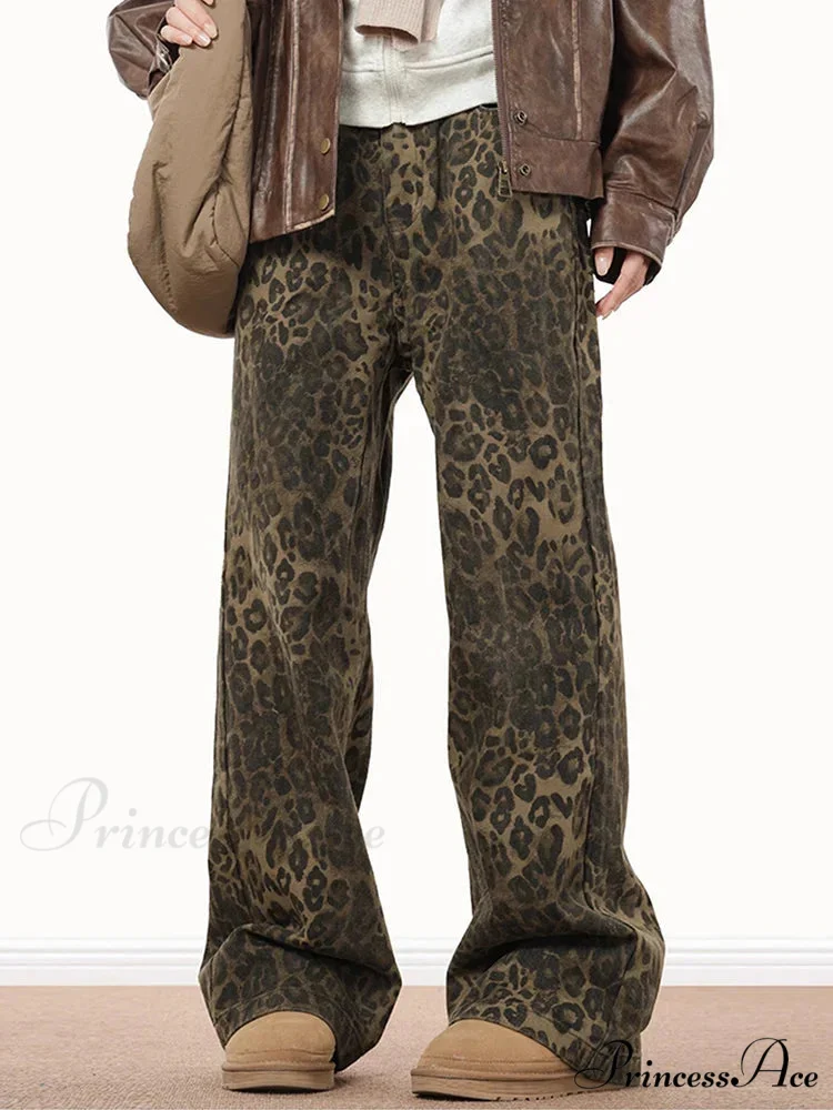 Wide Leg Leopard Print Women 2024 Y2K High Waisted Fashion Streetwear Retro Denim Baggy Casual Straight Jean - Image 2