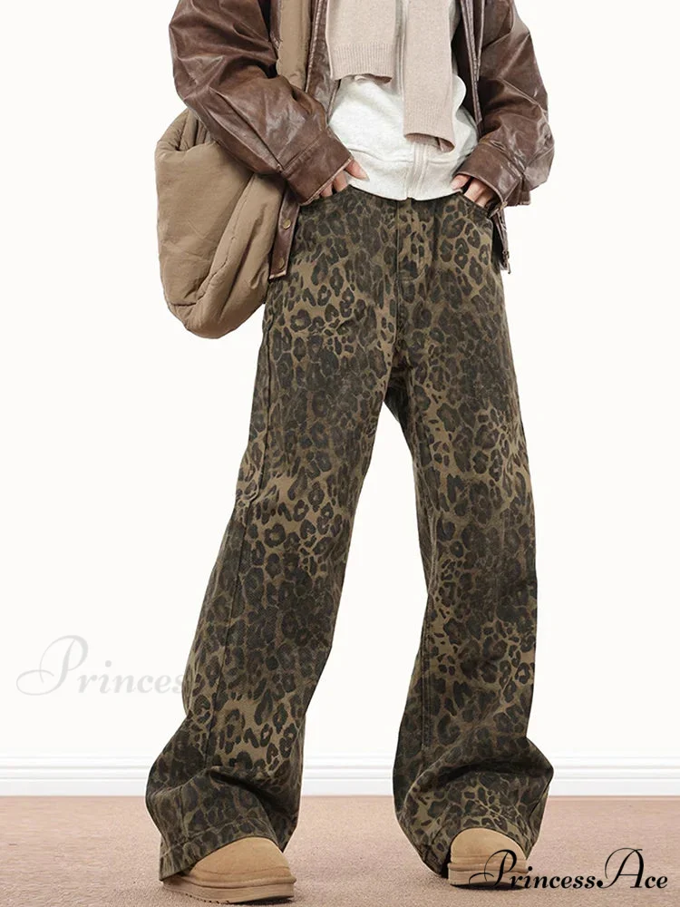 Wide Leg Leopard Print Women 2024 Y2K High Waisted Fashion Streetwear Retro Denim Baggy Casual Straight Jean - Image 3