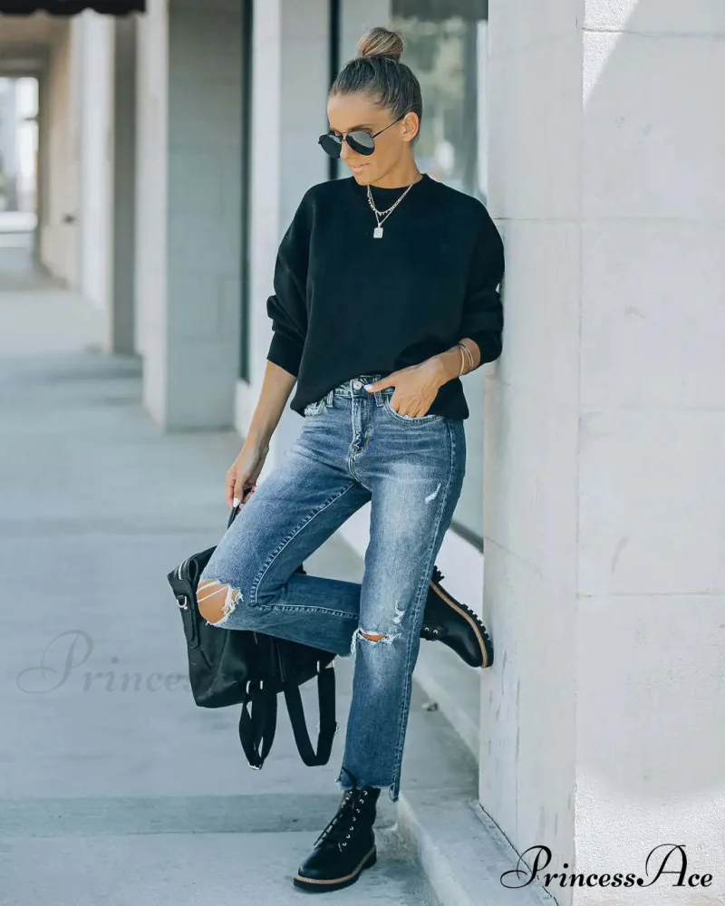 2024 Blue New Hole Straight Women's All-Match High Waist Casual Ladies Washed Jean - Image 6
