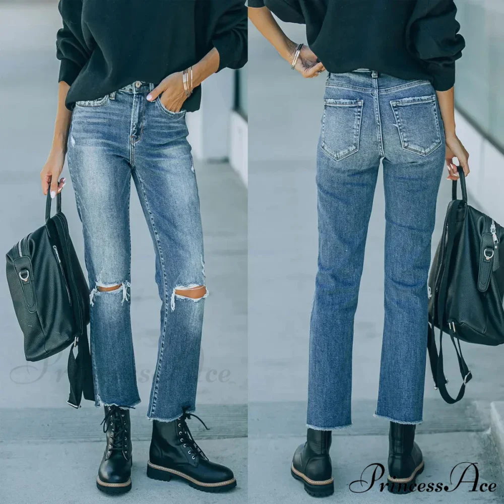 2024 Blue New Hole Straight Women's All-Match High Waist Casual Ladies Washed Jean - Image 7