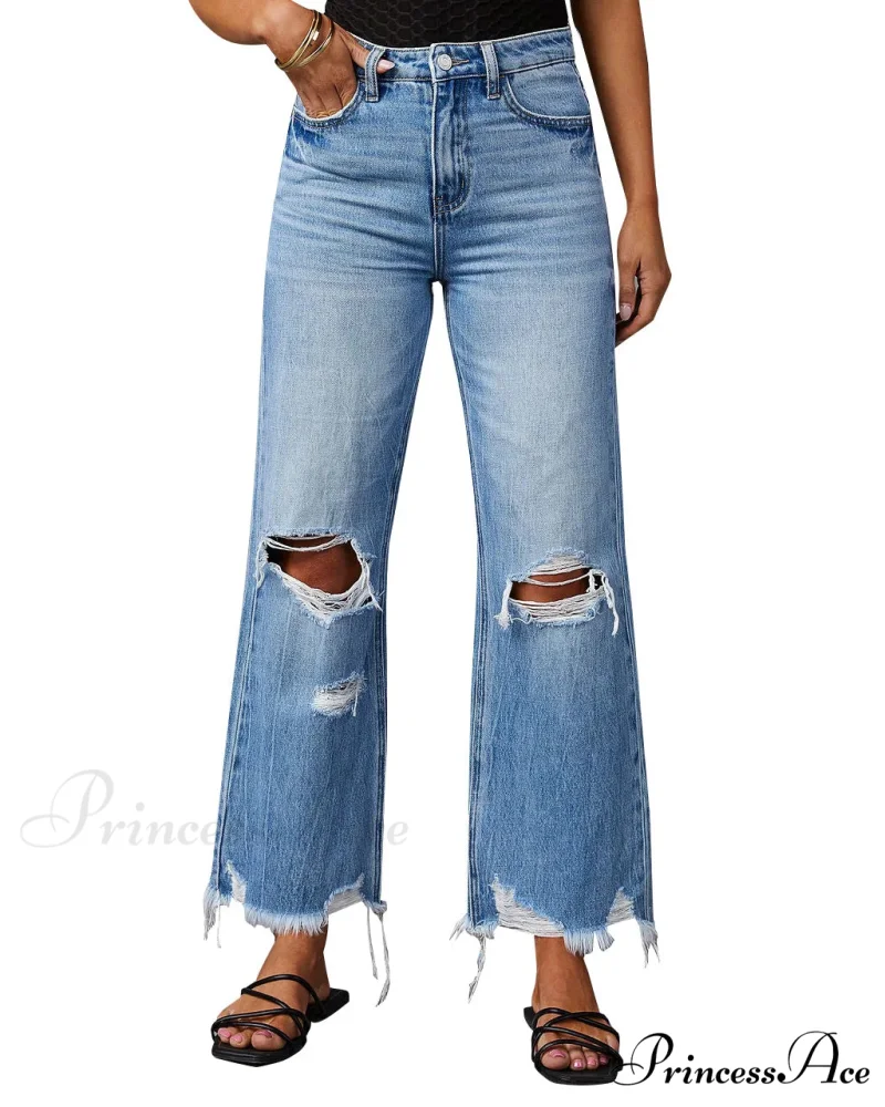 2024 New Fashion High Waist Straight Denim Vintage Tassel Women Baggy Spring Summer Blue Jean - Image 2