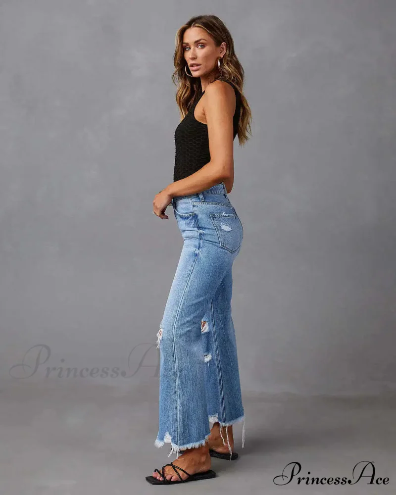 2024 New Fashion High Waist Straight Denim Vintage Tassel Women Baggy Spring Summer Blue Jean - Image 3