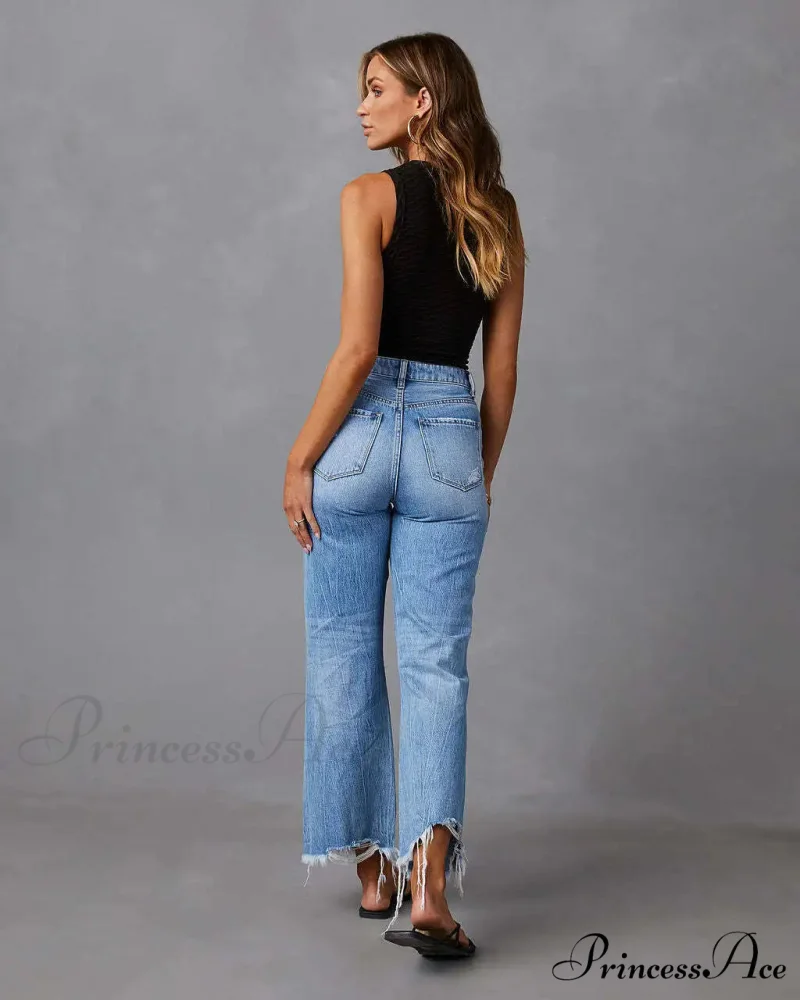 2024 New Fashion High Waist Straight Denim Vintage Tassel Women Baggy Spring Summer Blue Jean - Image 4