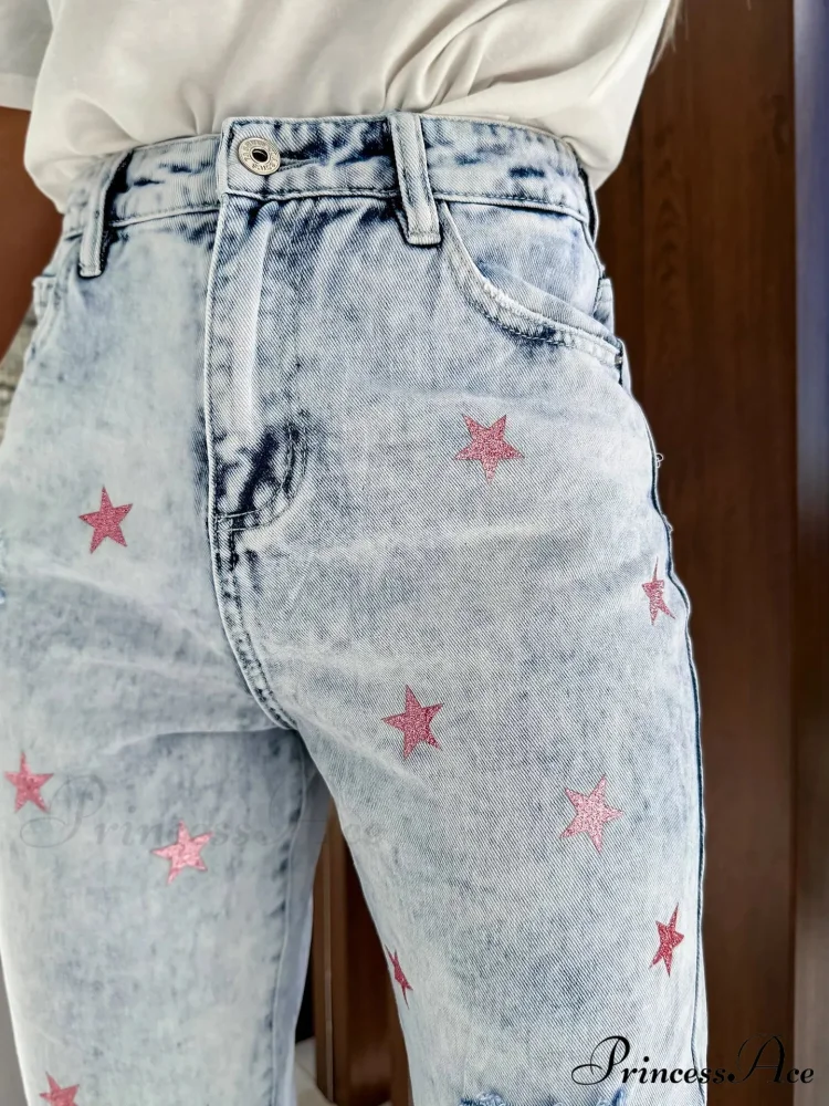 Casual Ripped Hole Women High Waist Fashion Denim 2024 Elegant Star Printed Streetwear Long Jean - Image 6