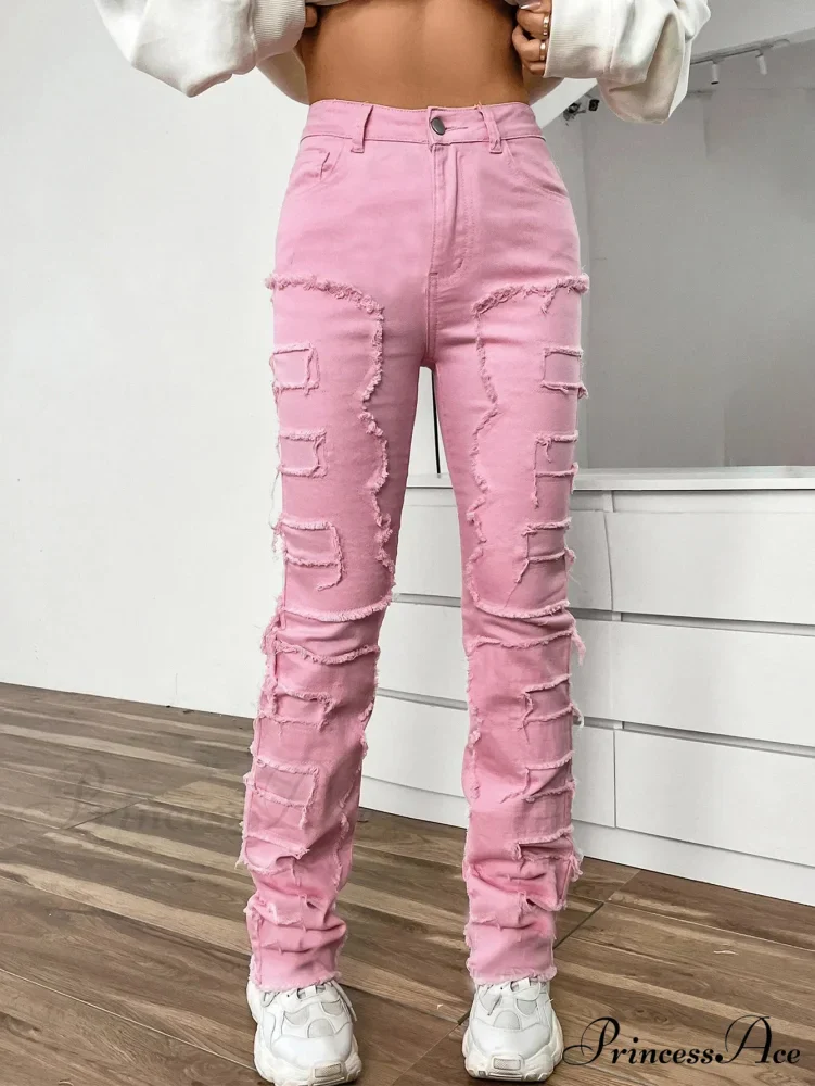 2024 New European and American Streetwise Stretch Patch for Women High Street Straight Fit Long Women's Jean - Image 2