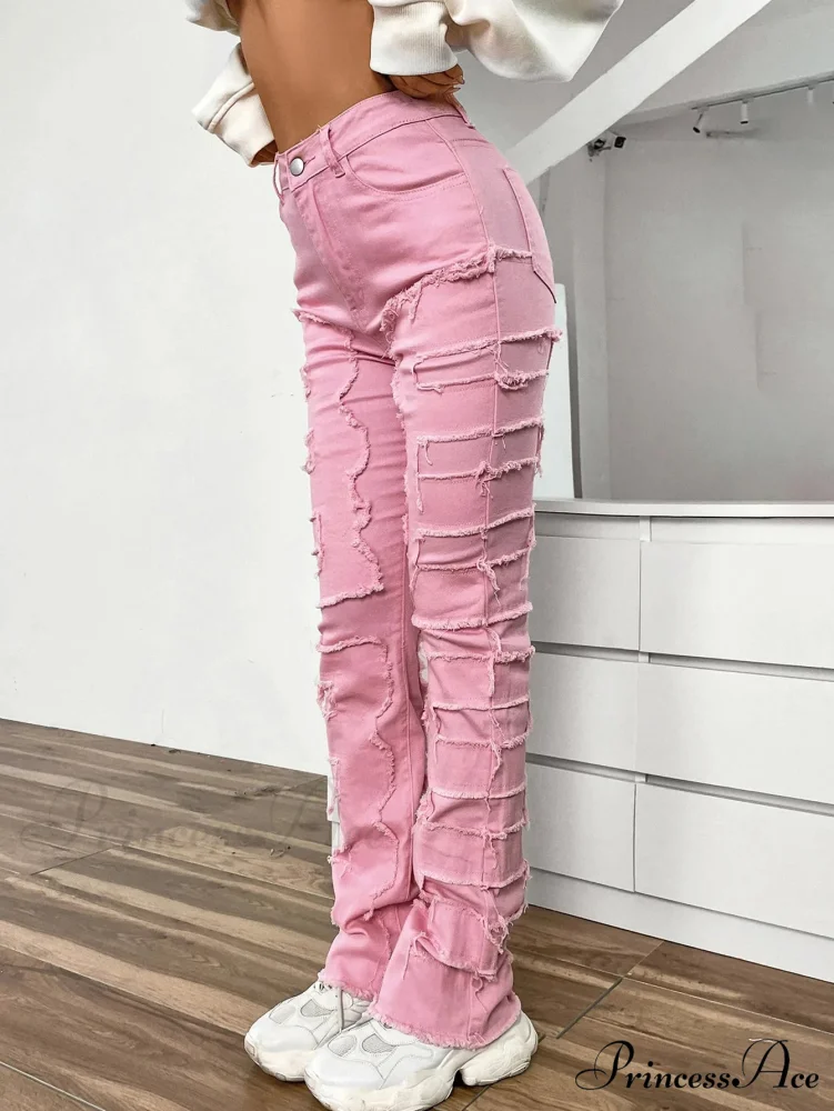 2024 New European and American Streetwise Stretch Patch for Women High Street Straight Fit Long Women's Jean - Image 3
