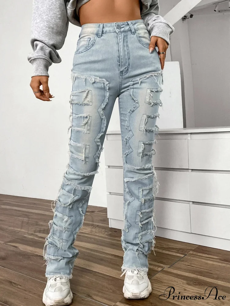 2024 New European and American Streetwise Stretch Patch for Women High Street Straight Fit Long Women's Jean - Image 4