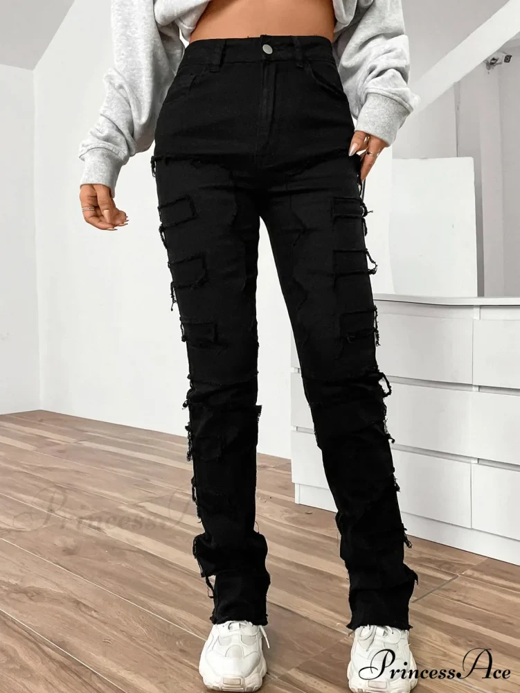 2024 New European and American Streetwise Stretch Patch for Women High Street Straight Fit Long Women's Jean - Image 5