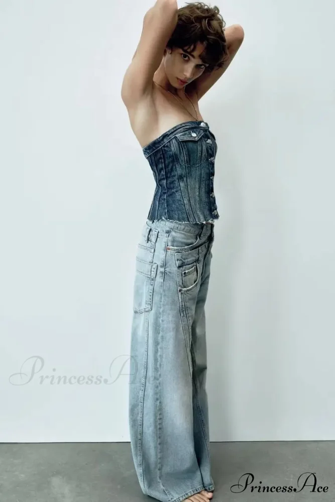 2024 Female Fashion Patchwork Denim Pant High Waist Vintage Women Casual Street Slim Wide Leg Long Jean - Image 2