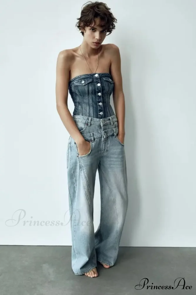 2024 Female Fashion Patchwork Denim Pant High Waist Vintage Women Casual Street Slim Wide Leg Long Jean - Image 3
