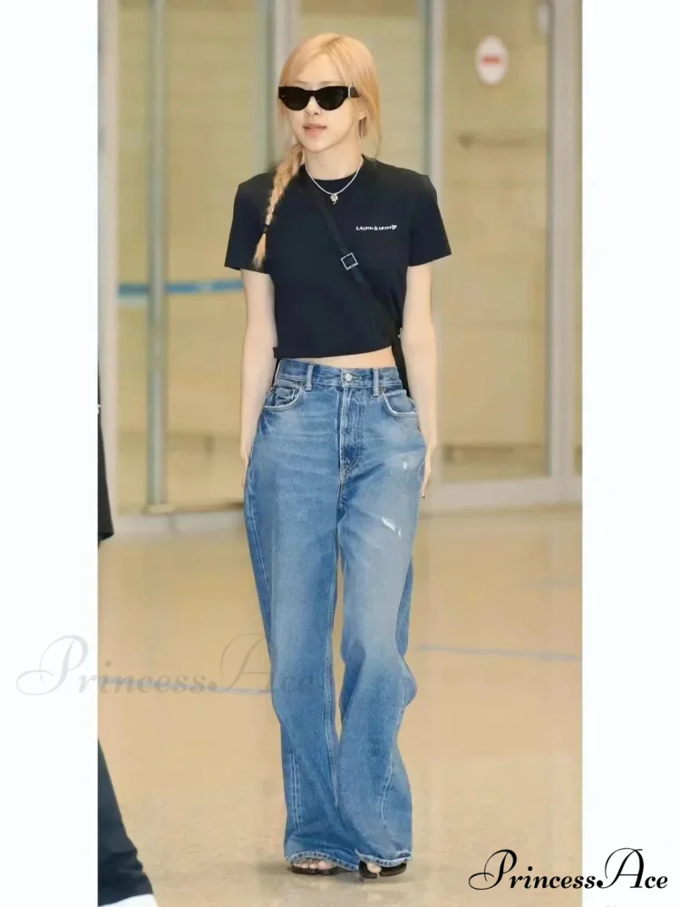 High Quality High-Waisted Vintage Denim Women's Frayed Versatile Blue Straight Wide-Leg Ladies 2024 Autumn Jean - Image 2