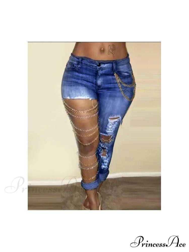 Fashion Streetwear High Waist Women With Chain Vintage Ripped Holes Skinny Pencil Bodycon Denim Jean - Image 2