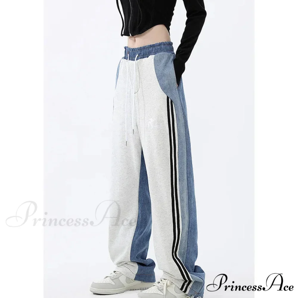 Contrast Color Women High Waist Straight Cropped High Street Drawstring Tie Up Sweatpants Cylinder Lady Wide Leg Jean - Image 2