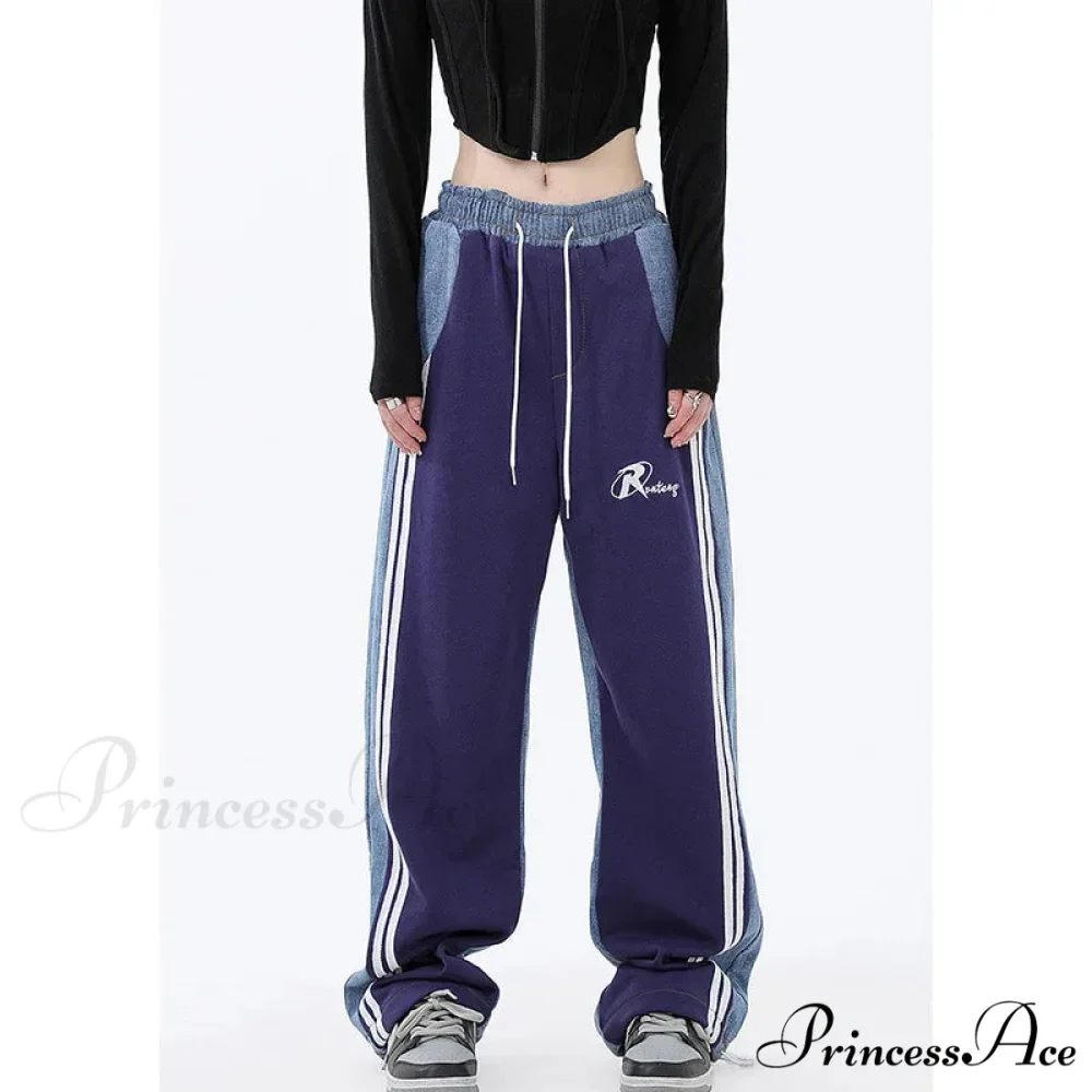 Contrast Color Women High Waist Straight Cropped High Street Drawstring Tie Up Sweatpants Cylinder Lady Wide Leg Jean - Image 3