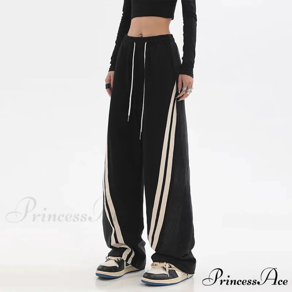 Contrast Color Women High Waist Straight Cropped High Street Drawstring Tie Up Sweatpants Cylinder Lady Wide Leg Jean - Image 4