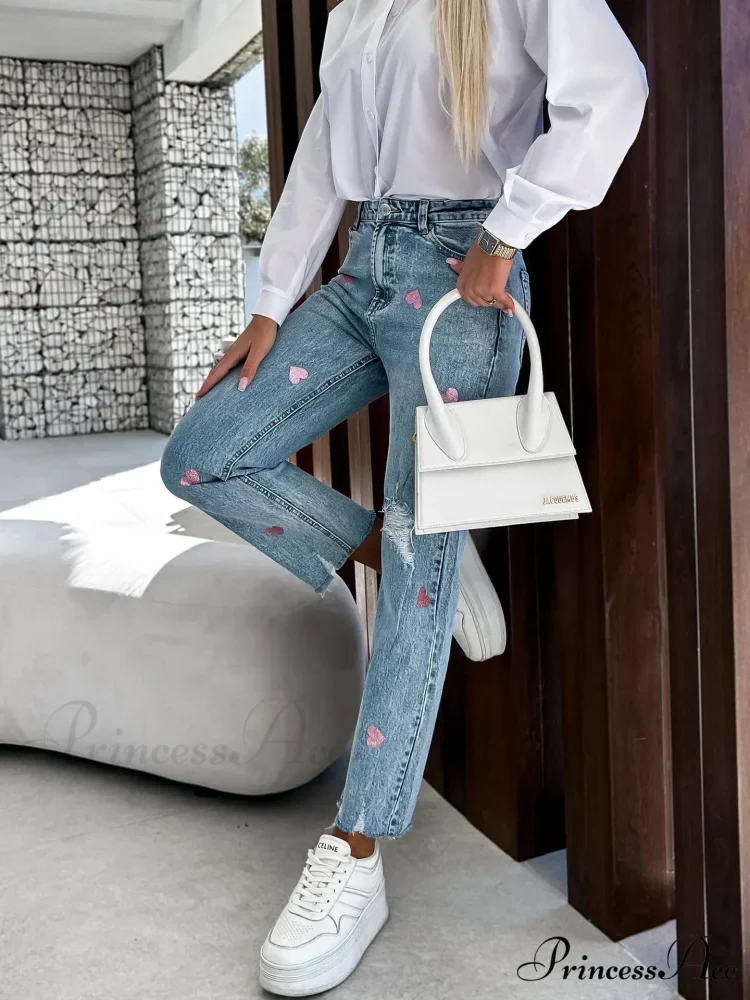 2024 Casual Star Printed Women High Waist Elegant Denim Fashion Ripped Hole Streetwear Jean - Image 2