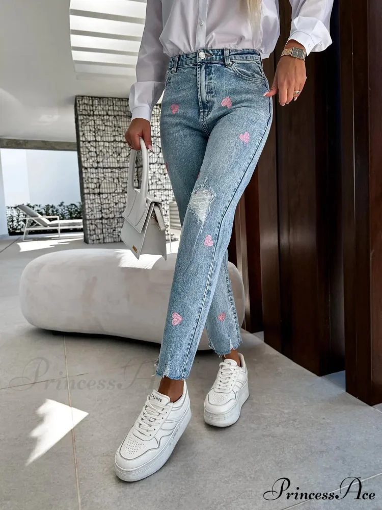 2024 Casual Star Printed Women High Waist Elegant Denim Fashion Ripped Hole Streetwear Jean - Image 4