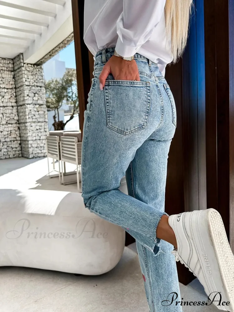 2024 Casual Star Printed Women High Waist Elegant Denim Fashion Ripped Hole Streetwear Jean - Image 5
