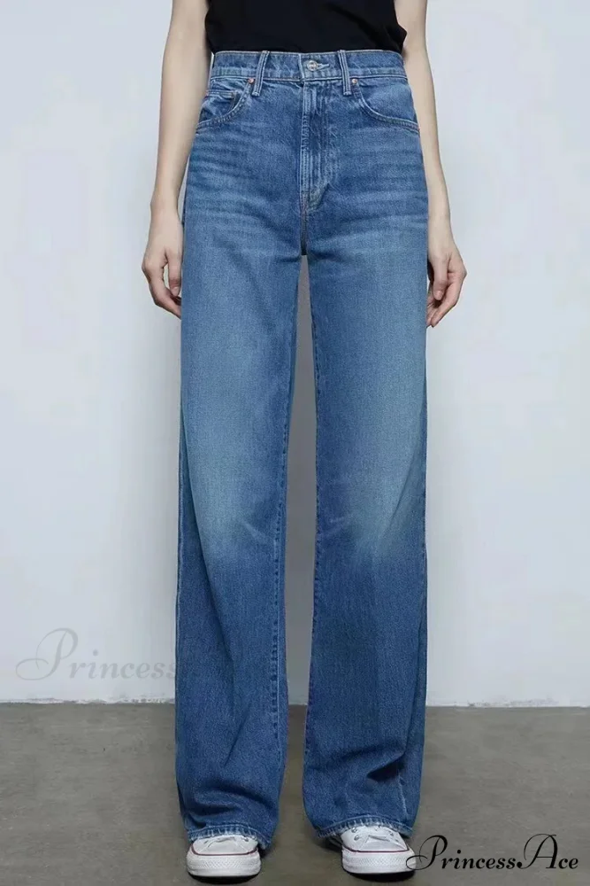 2024 New High-waisted Wide-leg Straight Women Solid-color Embroidered Letter Denim Long Jean - Image 2