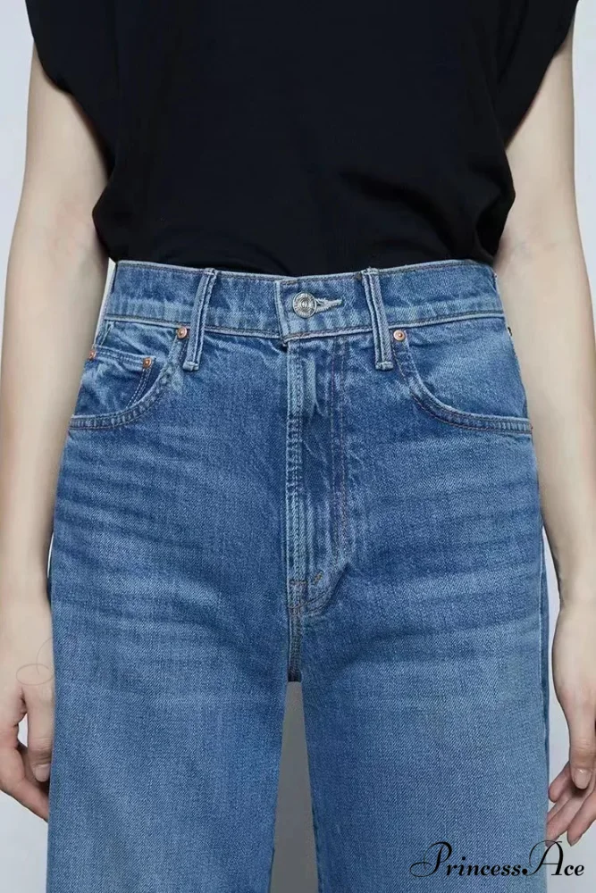 2024 New High-waisted Wide-leg Straight Women Solid-color Embroidered Letter Denim Long Jean - Image 3