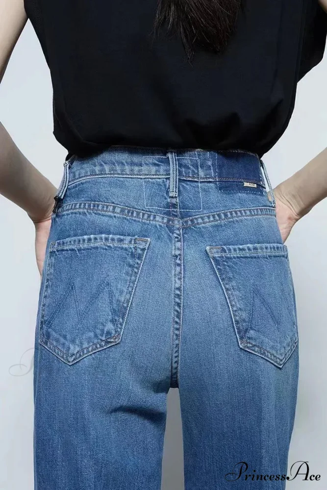 2024 New High-waisted Wide-leg Straight Women Solid-color Embroidered Letter Denim Long Jean - Image 4