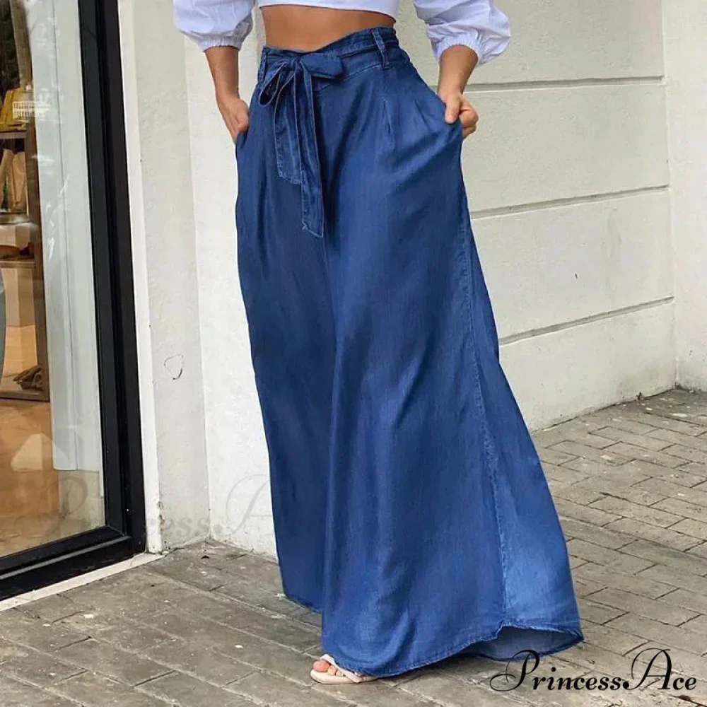 2024 Women Long High Waist Fashion Belted Casual Loose Solid Streetwear Skirt Jean - Image 2