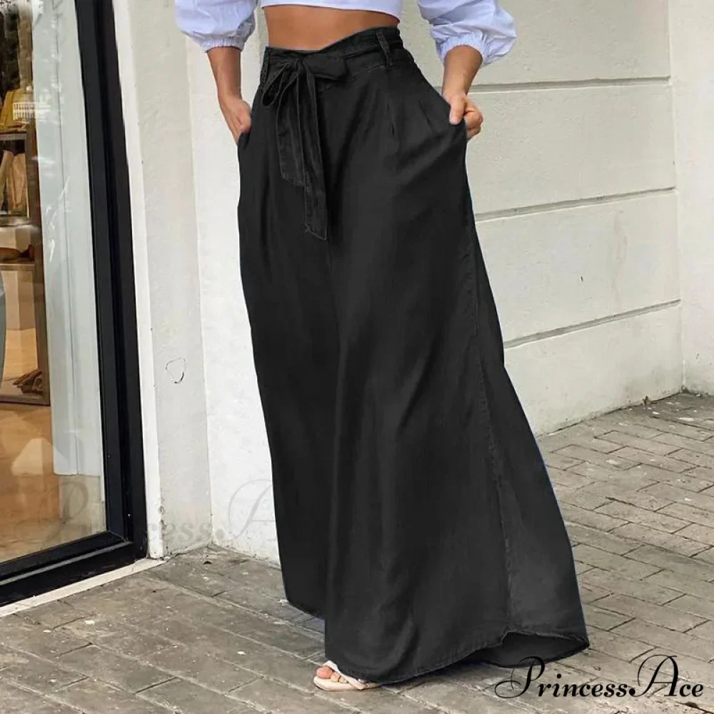 2024 Women Long High Waist Fashion Belted Casual Loose Solid Streetwear Skirt Jean - Image 3