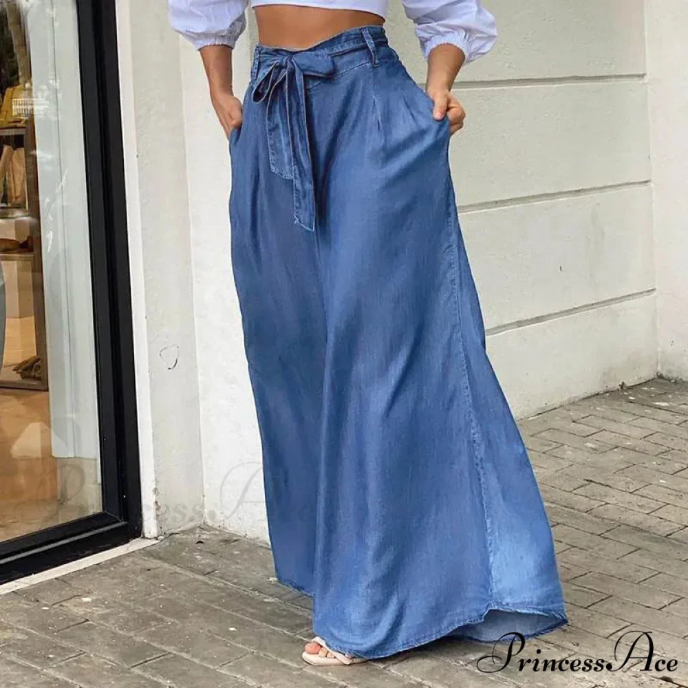 2024 Women Long High Waist Fashion Belted Casual Loose Solid Streetwear Skirt Jean - Image 5