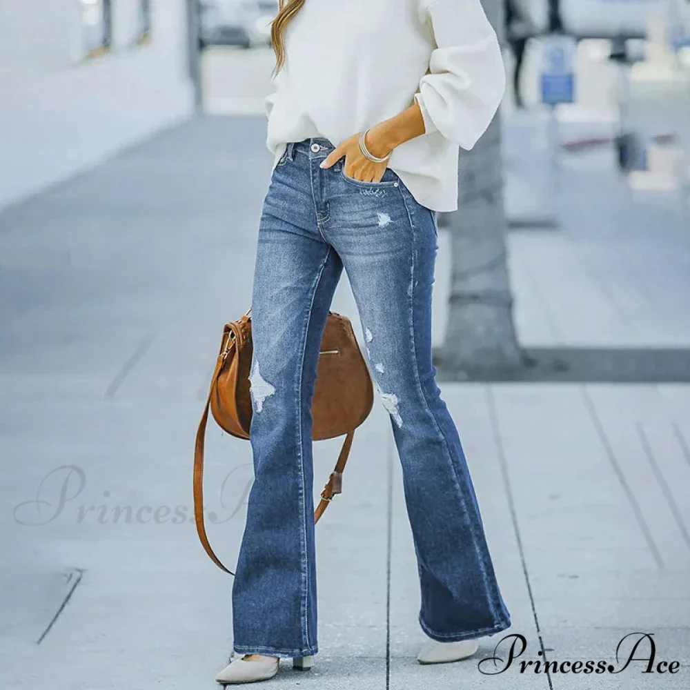 Women's Flare Stretch Vintage Fashion Streetwear Ripped Casual High Waist Full Length Slim Jean - Image 3