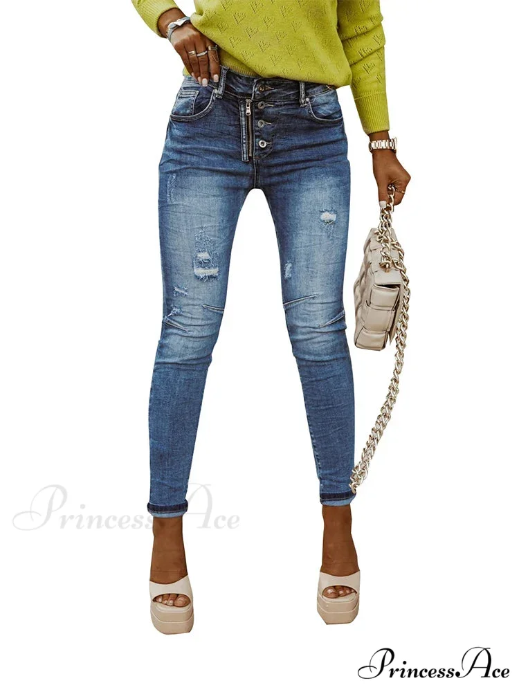 Blue Stretch Women's High Waist Ripped Casual Fashion Streetwear Denim Pant Women 2024 Trend Jean - Image 2