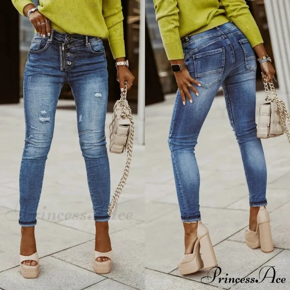 Blue Stretch Women's High Waist Ripped Casual Fashion Streetwear Denim Pant Women 2024 Trend Jean - Image 5