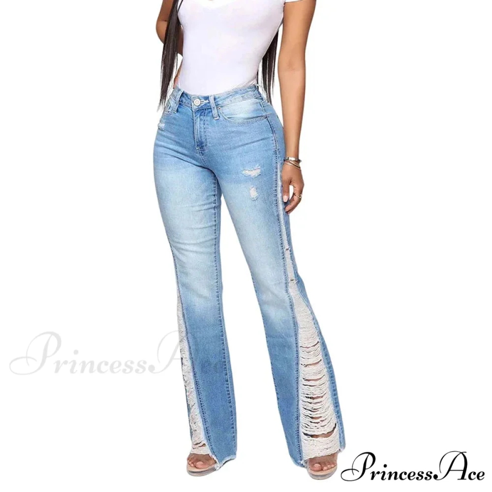 2024 Stretch Women's Fashion Leg Side Hole Flare High Waist Sexy Fringe Ripped Hollow Denim Streetwear Trouser Jean - Image 2