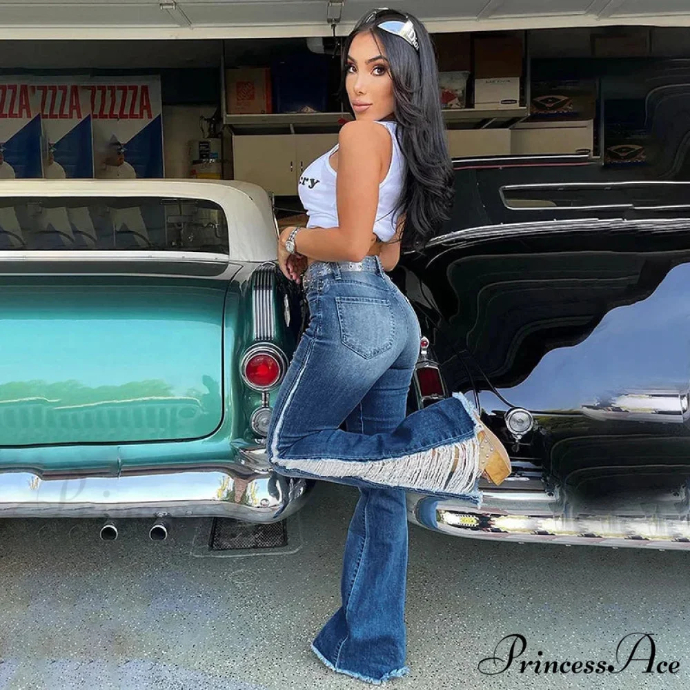 2024 Stretch Women's Fashion Leg Side Hole Flare High Waist Sexy Fringe Ripped Hollow Denim Streetwear Trouser Jean - Image 3