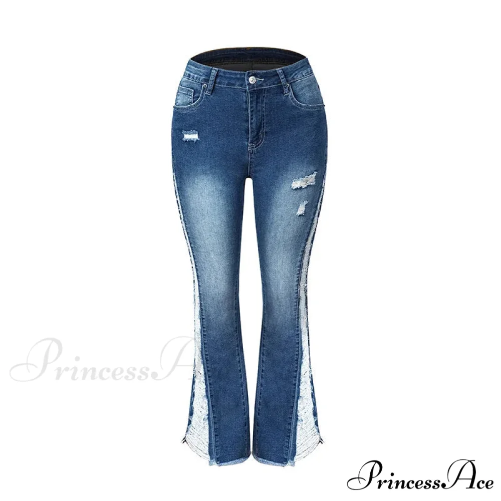 2024 Stretch Women's Fashion Leg Side Hole Flare High Waist Sexy Fringe Ripped Hollow Denim Streetwear Trouser Jean - Image 5