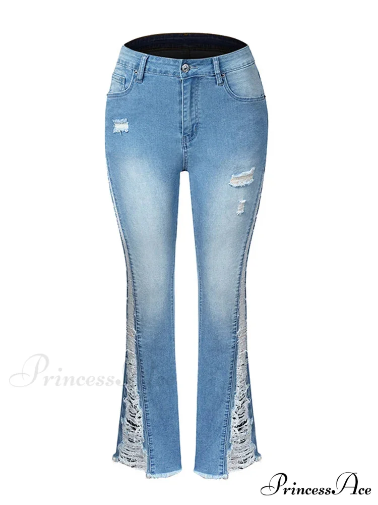 2024 Stretch Women's Fashion Leg Side Hole Flare High Waist Sexy Fringe Ripped Hollow Denim Streetwear Trouser Jean - Image 6
