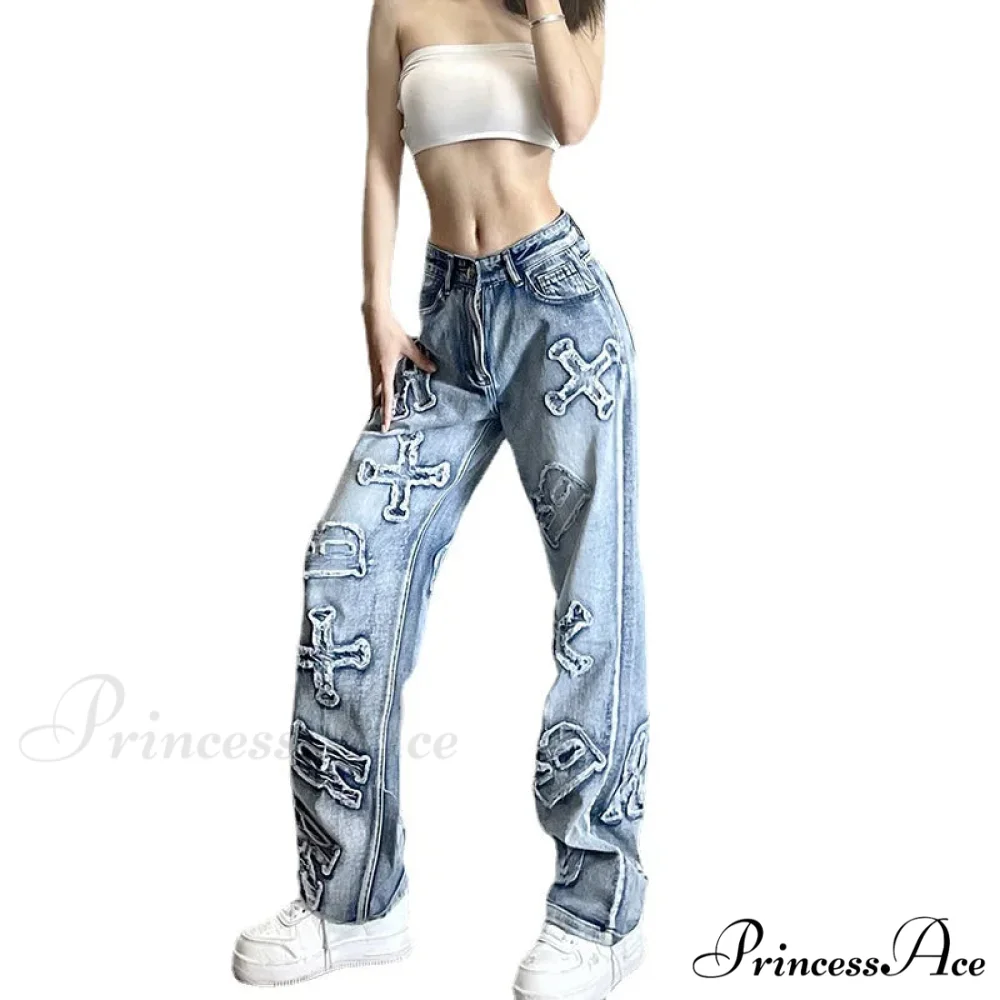 2024 Women Letter Patch Wide Leg Blue High Waist Personality Baggy Streetwear Y2K Fashion Cotton Denim Jean - Image 2