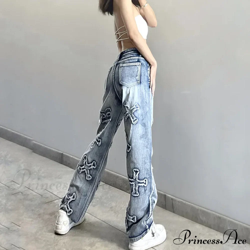2024 Women Letter Patch Wide Leg Blue High Waist Personality Baggy Streetwear Y2K Fashion Cotton Denim Jean - Image 3