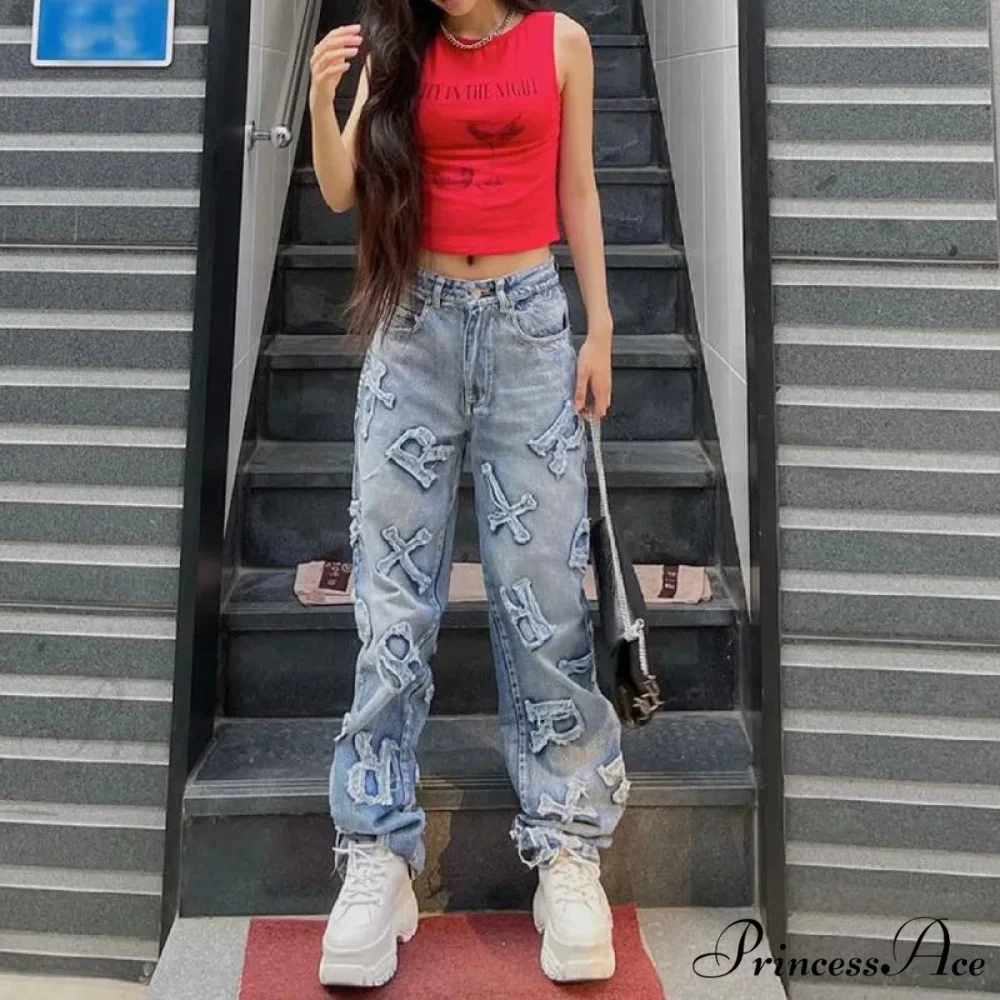 2024 Women Letter Patch Wide Leg Blue High Waist Personality Baggy Streetwear Y2K Fashion Cotton Denim Jean - Image 4