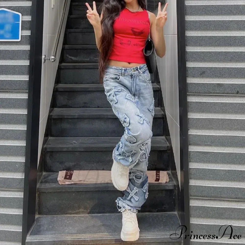 2024 Women Letter Patch Wide Leg Blue High Waist Personality Baggy Streetwear Y2K Fashion Cotton Denim Jean - Image 5