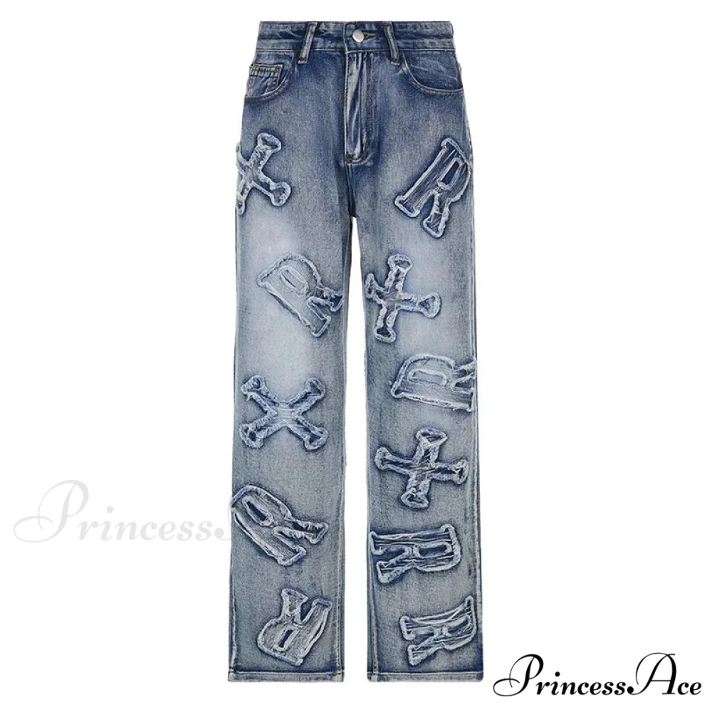 2024 Women Letter Patch Wide Leg Blue High Waist Personality Baggy Streetwear Y2K Fashion Cotton Denim Jean - Image 6
